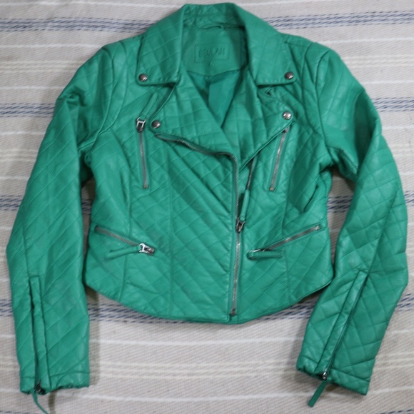 BEULAH Mint Green Vegan Leather Moto Jacket Sz LG